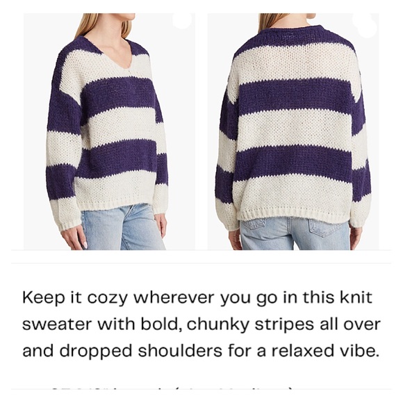 NWT VERO MODA ERIN STRIPED V-NECK CHUNKY KNIT COZY SWEATER XL Navy Cream - Picture 2 of 12